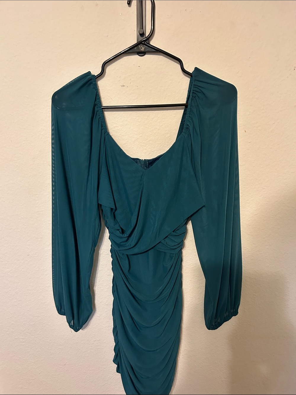 Teal Ruched Midi Dress with Bishop Sleeves